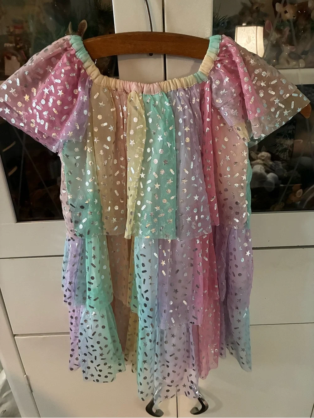Old Navy sz 3T Birthday Pastel Rainbow Tiered Dress with Silver Foil Stars nwot